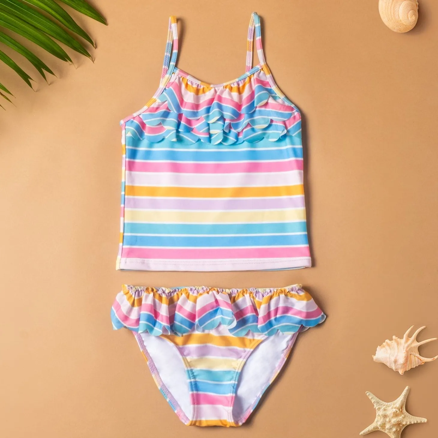 Baby Moo Rainbow Striped Beach Two-Piece Swimsuit Pool Swimming Costume - Pink