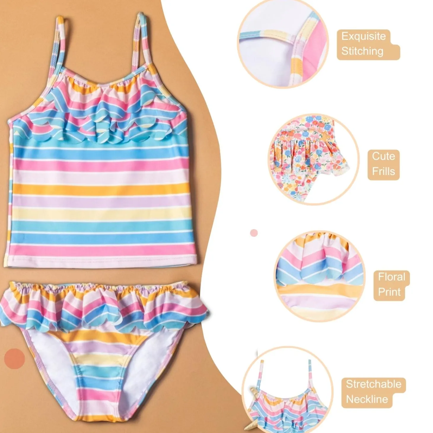 Baby Moo Rainbow Striped Beach Two-Piece Swimsuit Pool Swimming Costume - Pink