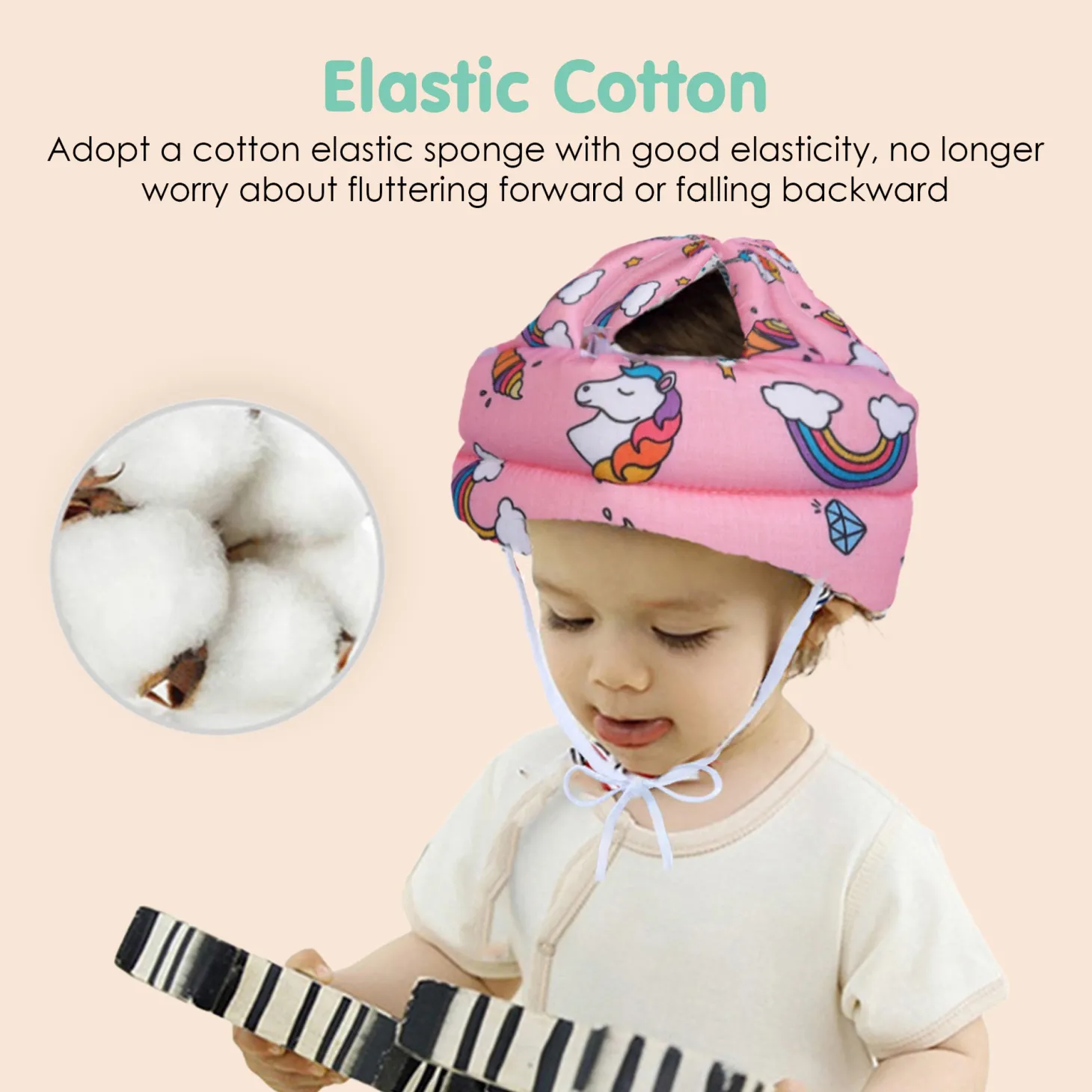 Baby Moo Rainbow Unicorn Head Protection Adjustable Cushioned Safety Helmet - Pink