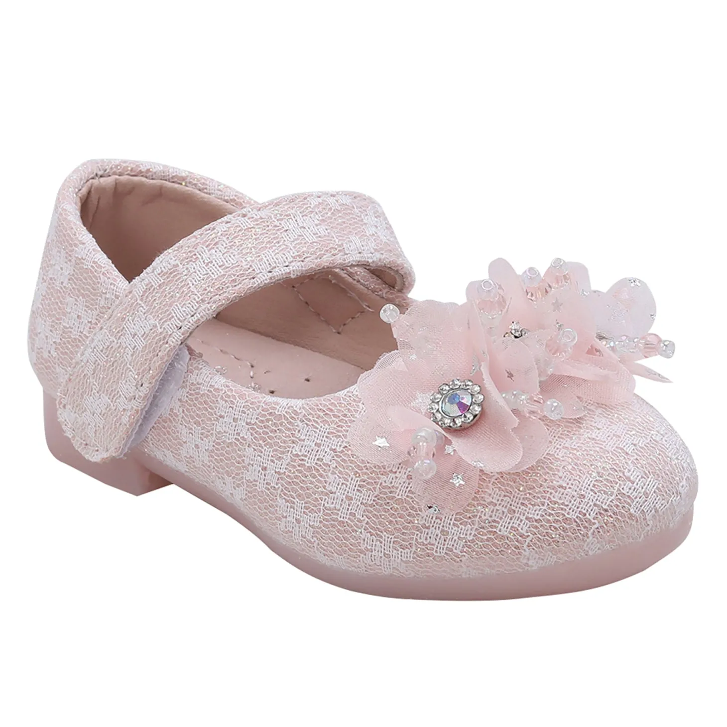 Baby Moo Rhinestone Floral Applique Lace Mary Jane Velcro Strap Anti-Skid Ballerina Shoes - Pink