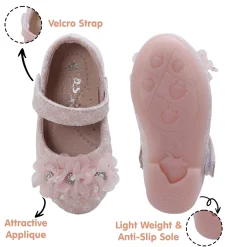 Baby Moo Rhinestone Floral Applique Lace Mary Jane Velcro Strap Anti-Skid Ballerina Shoes - Pink