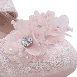 Baby Moo Rhinestone Floral Applique Lace Mary Jane Velcro Strap Anti-Skid Ballerina Shoes - Pink