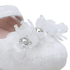 Baby Moo Rhinestone Floral Applique Lace Mary Jane Velcro Strap Anti-Skid Ballerina Shoes - White