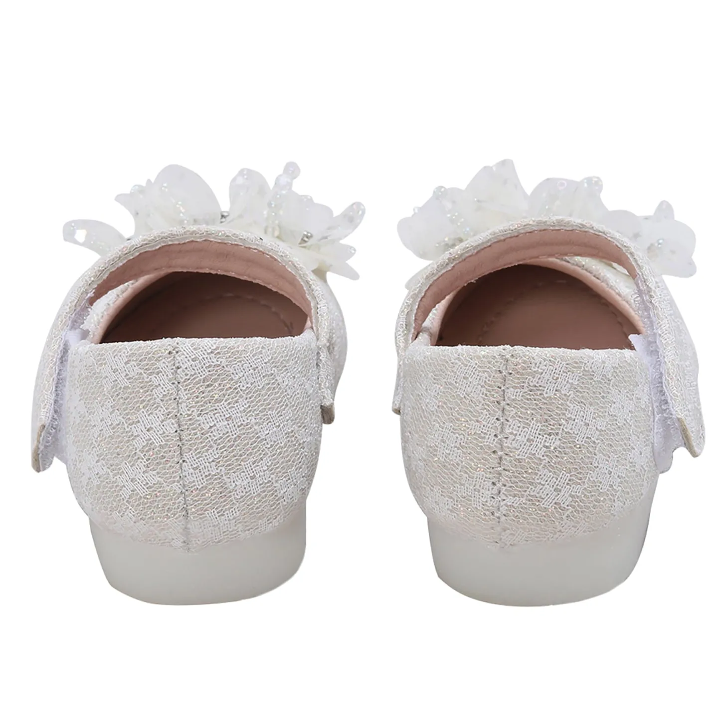 Baby Moo Rhinestone Floral Applique Lace Mary Jane Velcro Strap Anti-Skid Ballerina Shoes - Cream