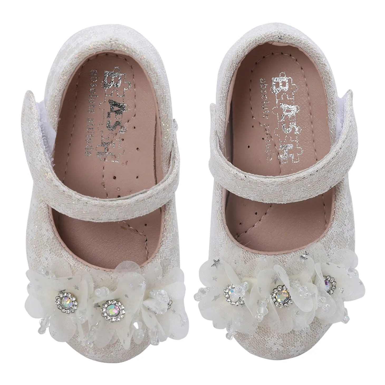 Baby Moo Rhinestone Floral Applique Lace Mary Jane Velcro Strap Anti-Skid Ballerina Shoes - Cream