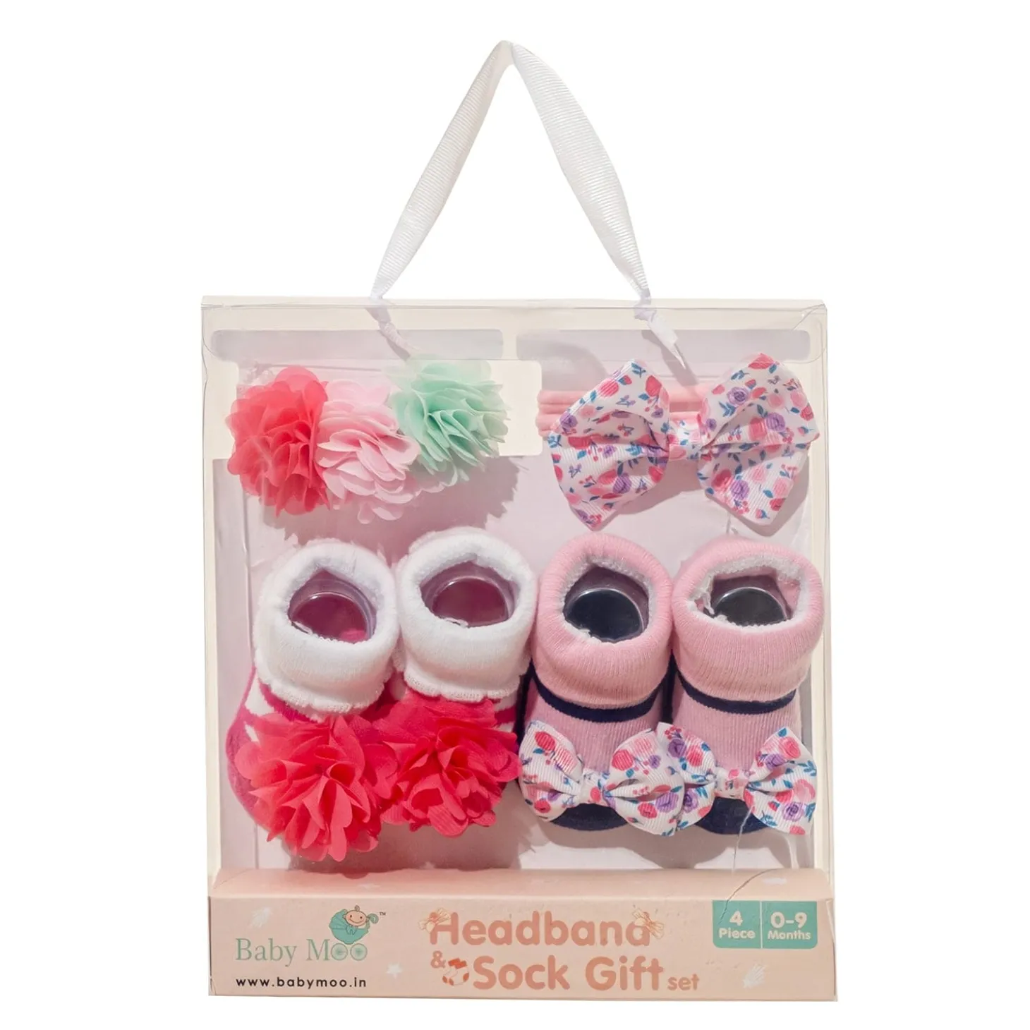 Baby Moo Ring a Ring o' Roses Infant Girl 4-Piece Gift Hairband And Socks Set - Pink
