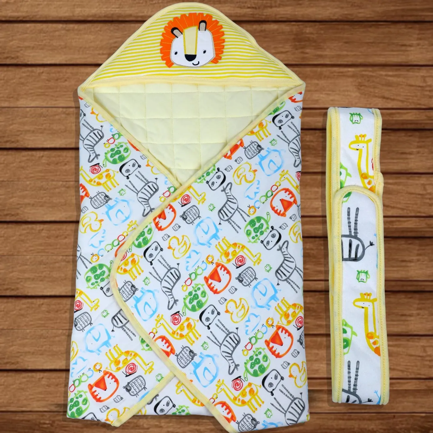 Baby Moo Roaring Lion Warm Hooded Quilted Wrapper - Yellow