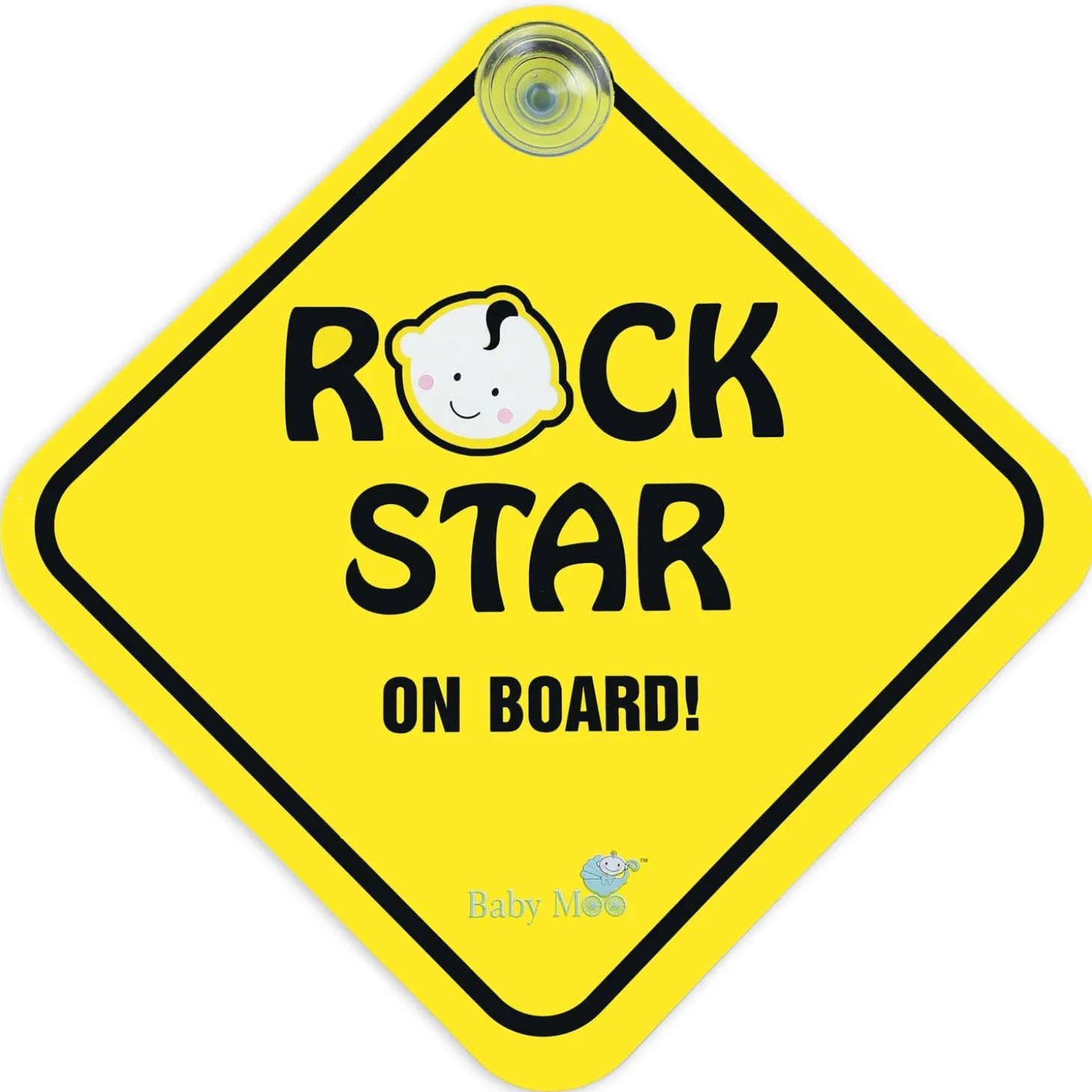 Baby Moo Rock Star on Board Car Safety Sign With Vacuum Suction Cup Clip - Yellow