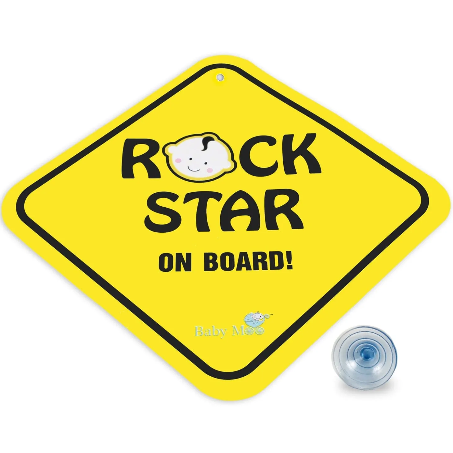 Baby Moo Rock Star on Board Car Safety Sign With Vacuum Suction Cup Clip - Yellow