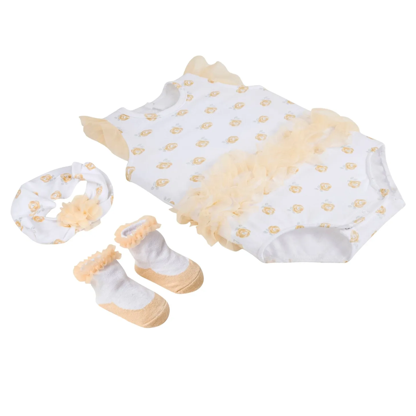 Baby Moo Rose Gift Set 3 Piece With Bodysuit, Socks And Headband - Yellow