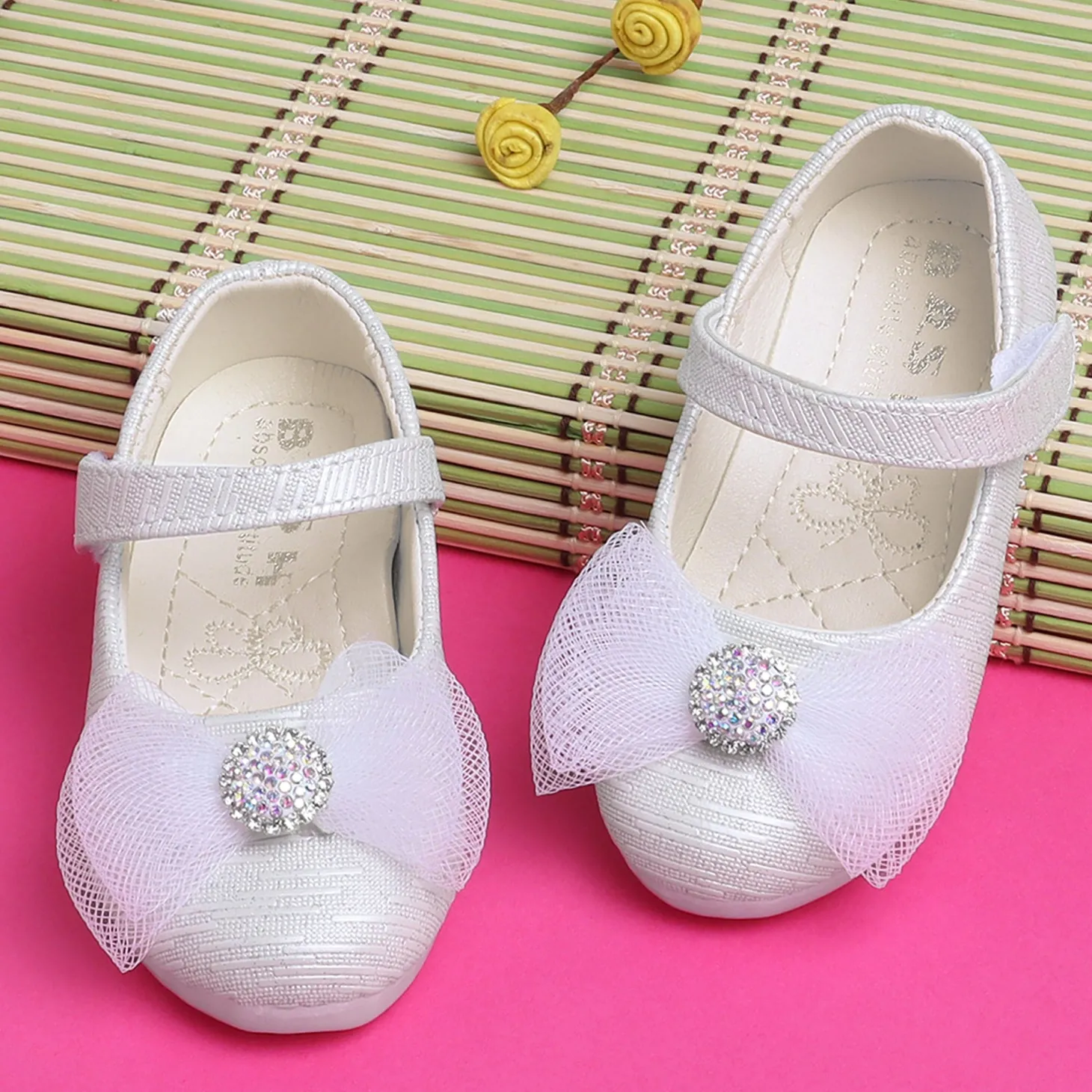 Baby Moo Royal Rhinestone Bow Velcro Strap Anti-Skid Ballerina Shoes - White