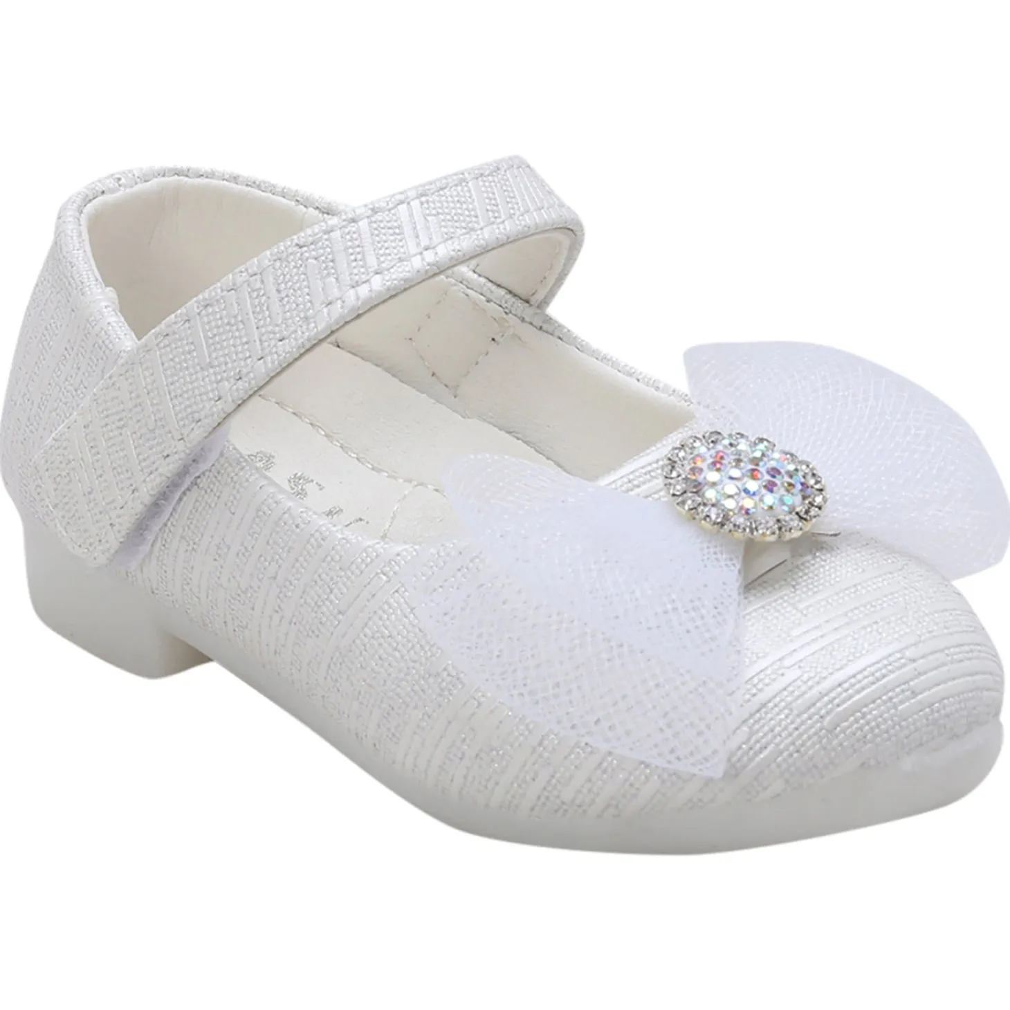 Baby Moo Royal Rhinestone Bow Velcro Strap Anti-Skid Ballerina Shoes - White