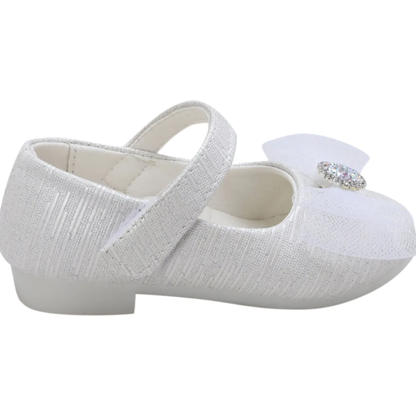Baby Moo Royal Rhinestone Bow Velcro Strap Anti-Skid Ballerina Shoes - White