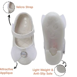 Baby Moo Royal Rhinestone Bow Velcro Strap Anti-Skid Ballerina Shoes - White