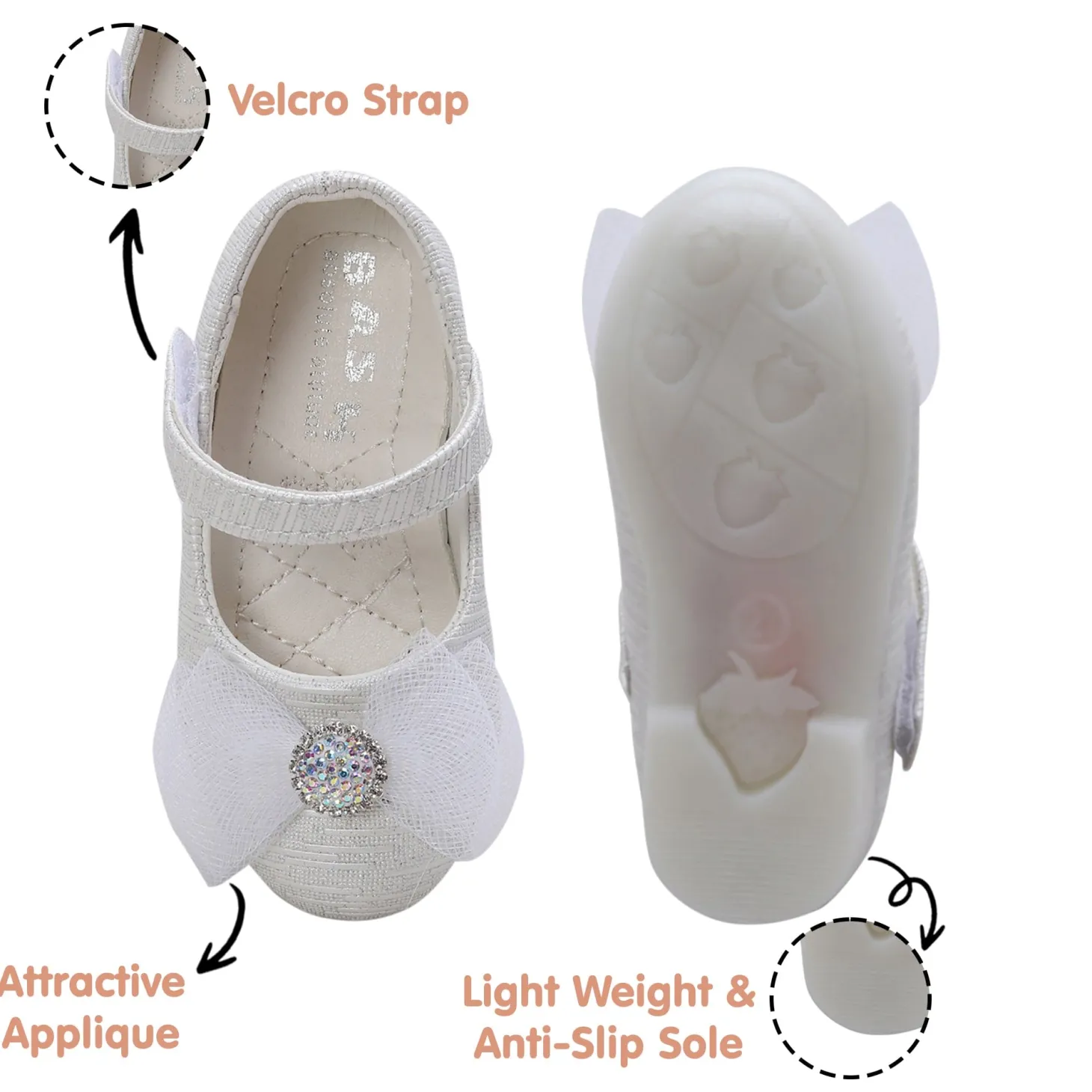 Baby Moo Royal Rhinestone Bow Velcro Strap Anti-Skid Ballerina Shoes - White