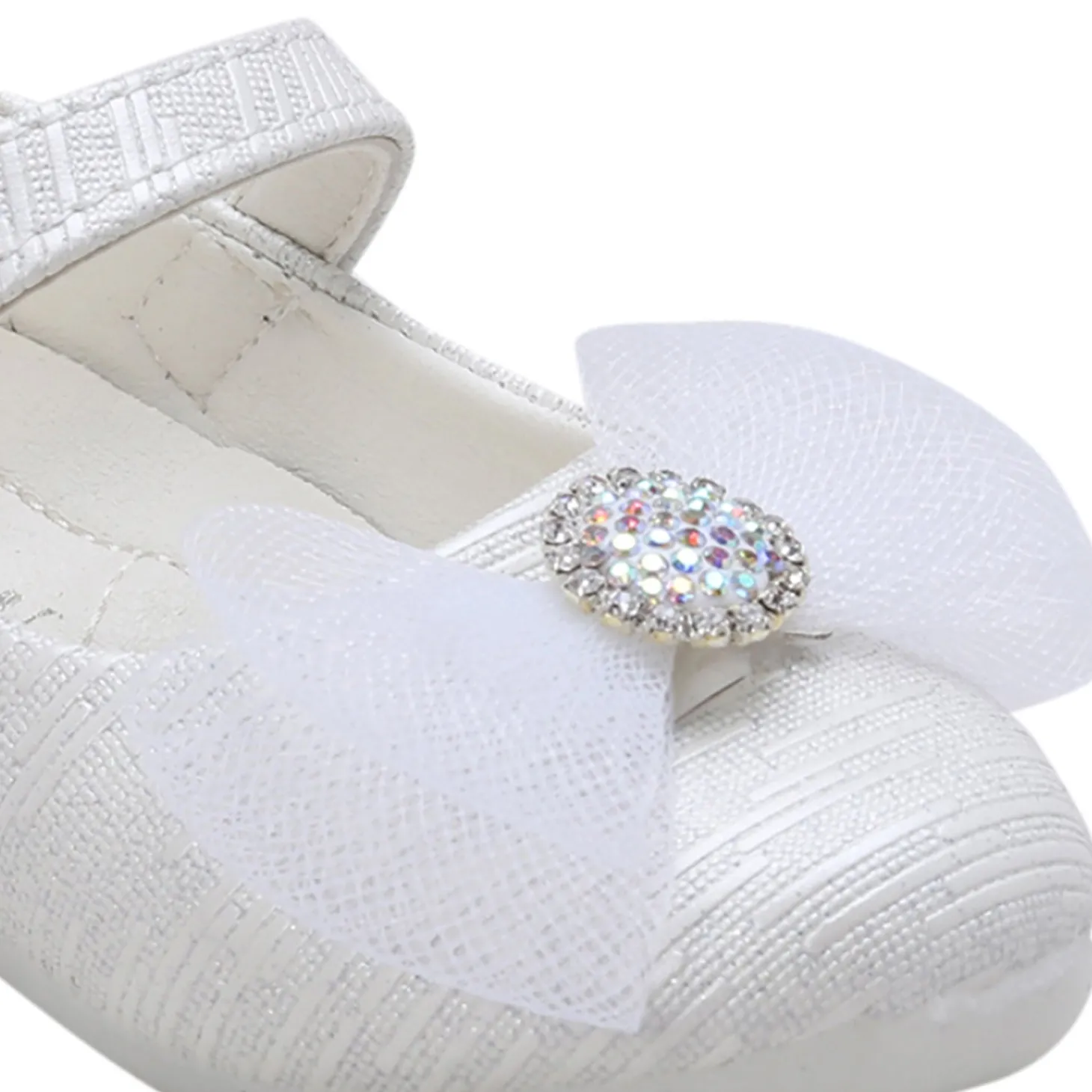 Baby Moo Royal Rhinestone Bow Velcro Strap Anti-Skid Ballerina Shoes - White