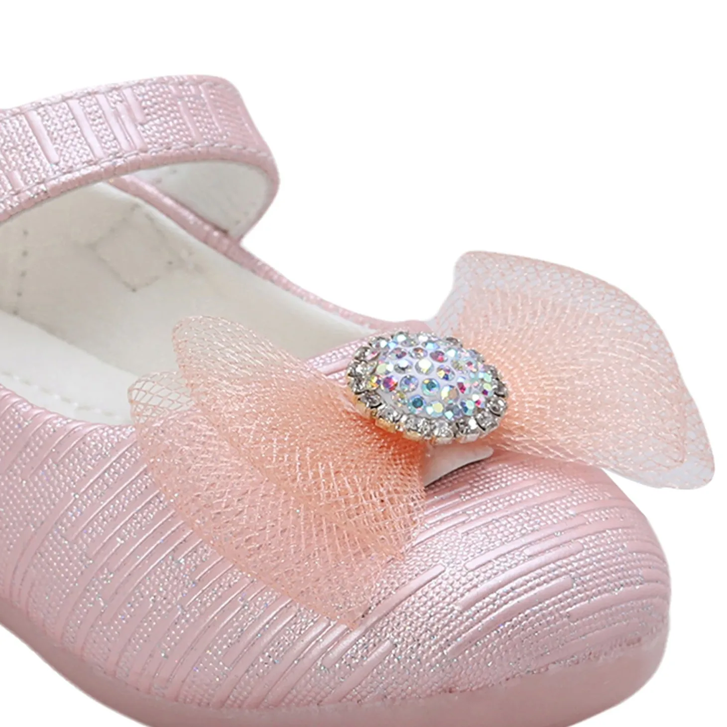 Baby Moo Royal Rhinestone Bow Velcro Strap Anti-Skid Ballerina Shoes - Pink