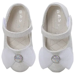 Baby Moo Royal Rhinestone Bow Velcro Strap Anti-Skid Ballerina Shoes - White