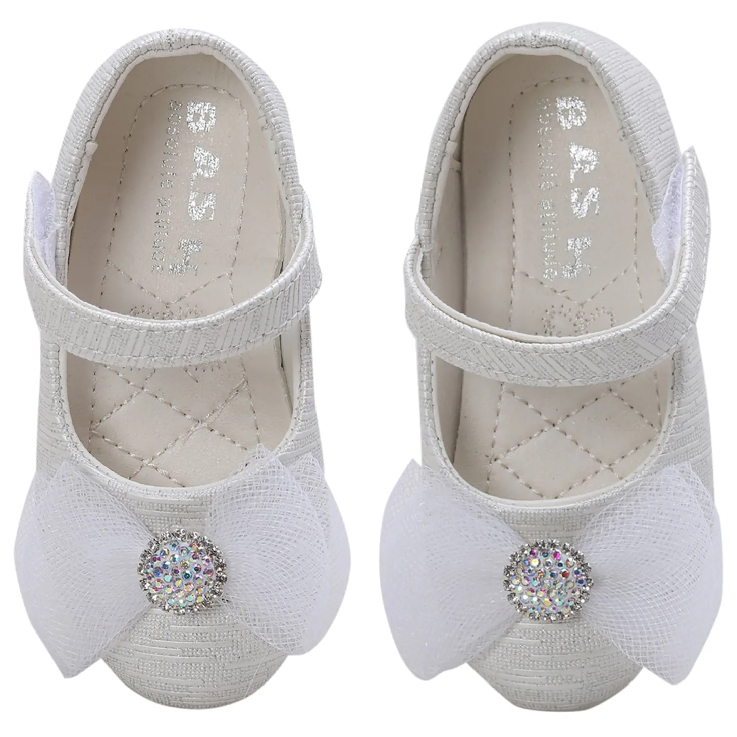 Baby Moo Royal Rhinestone Bow Velcro Strap Anti-Skid Ballerina Shoes - White