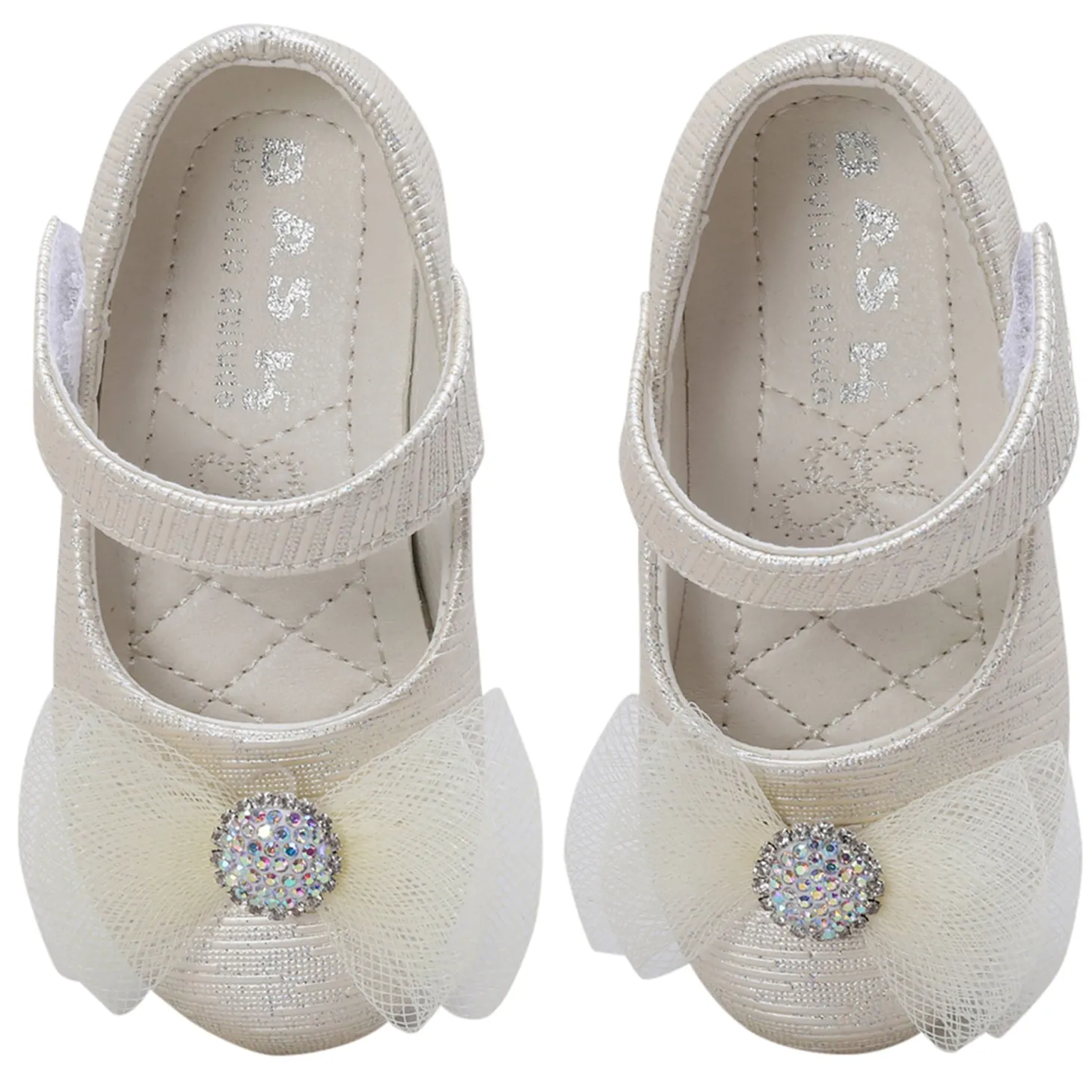 Baby Moo Royal Rhinestone Bow Velcro Strap Anti-Skid Ballerina Shoes - Gold