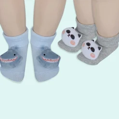 Baby Moo Shark And Panda 3D Rattle Anti-Skid Socks Booties Pack of 2 - Blue, Beige