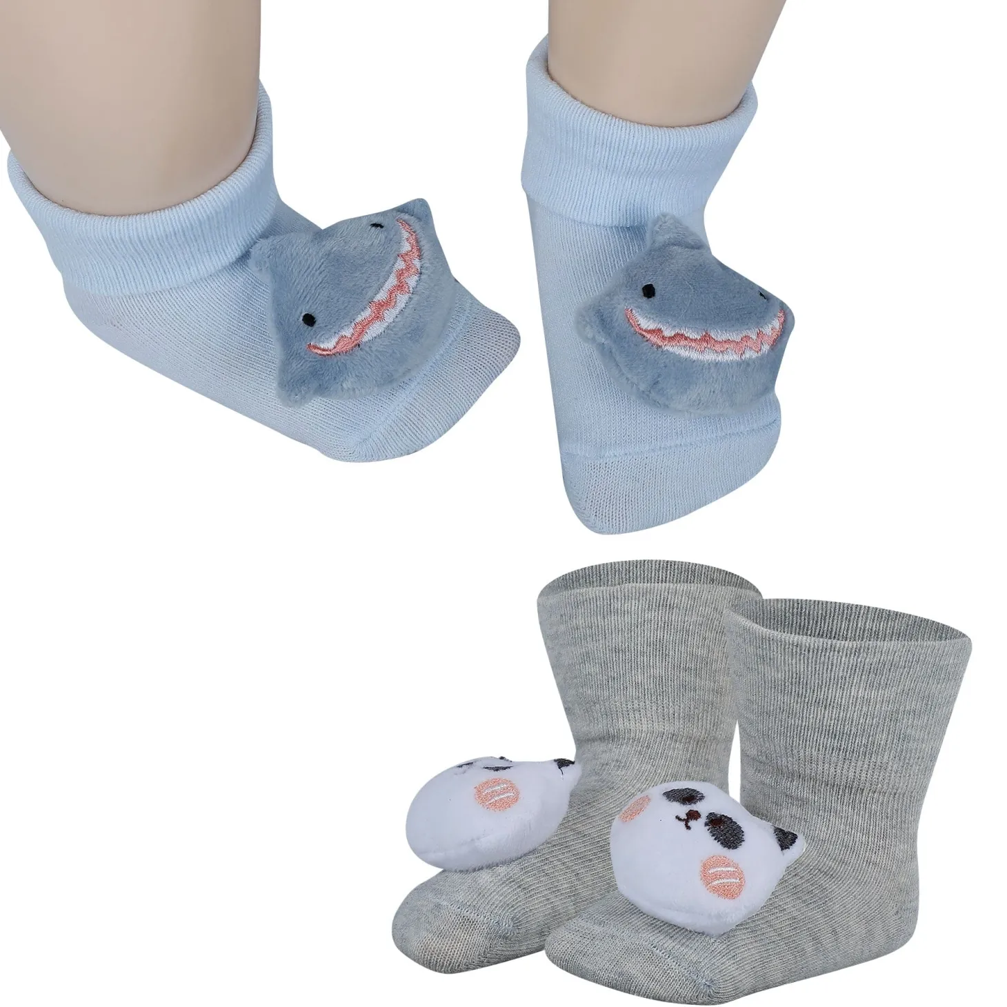 Baby Moo Shark And Panda 3D Rattle Anti-Skid Socks Booties Pack of 2 - Blue, Beige