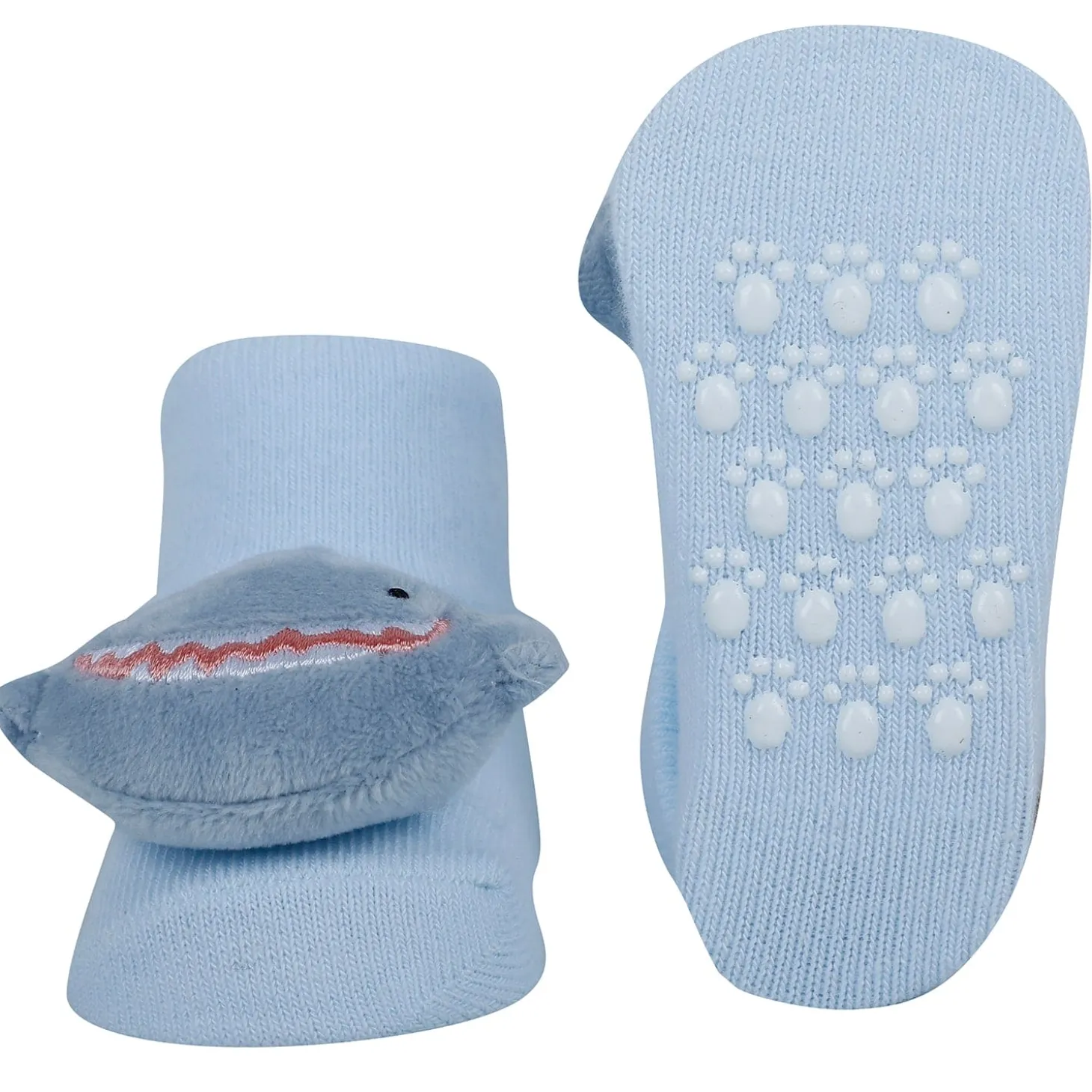 Baby Moo Shark And Panda 3D Rattle Anti-Skid Socks Booties Pack of 2 - Blue, Beige