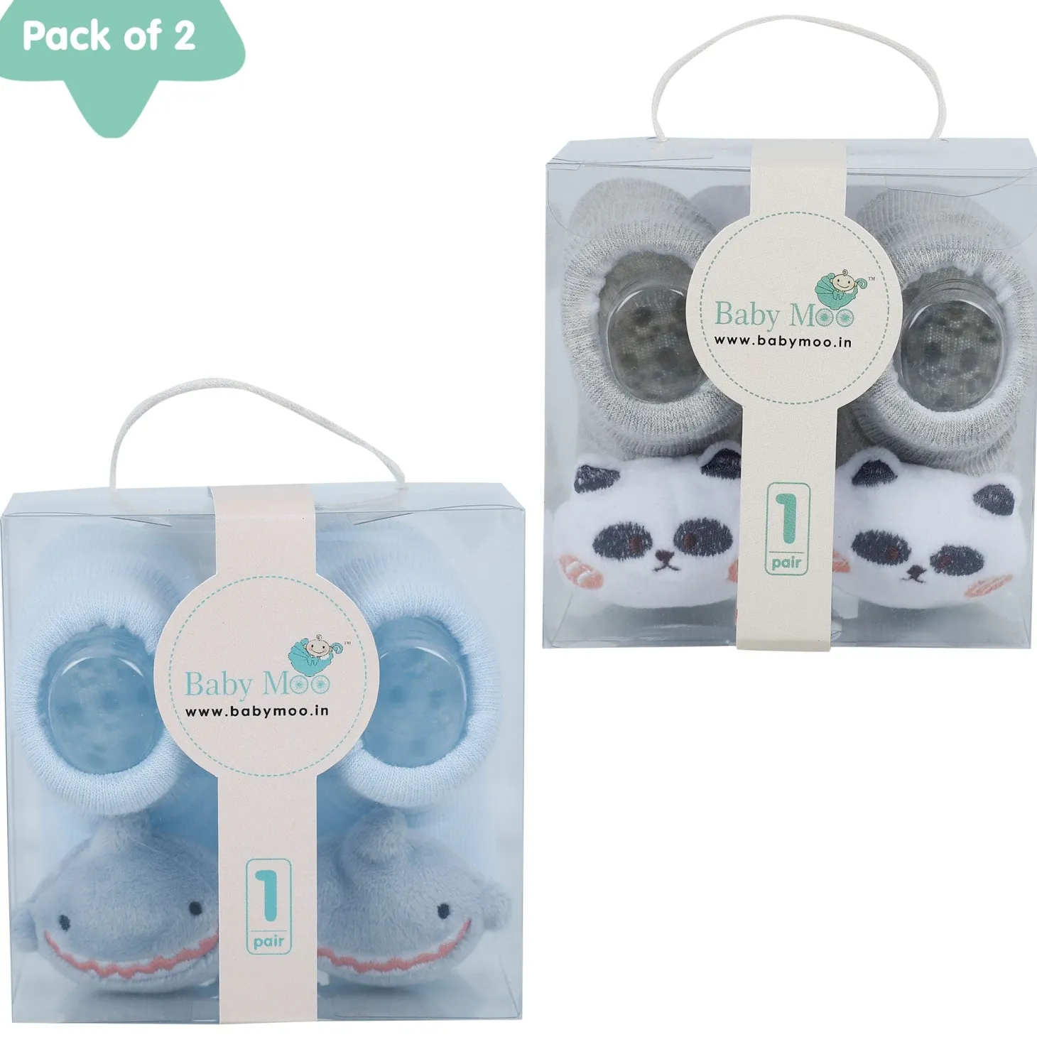 Baby Moo Shark And Panda 3D Rattle Anti-Skid Socks Booties Pack of 2 - Blue, Beige