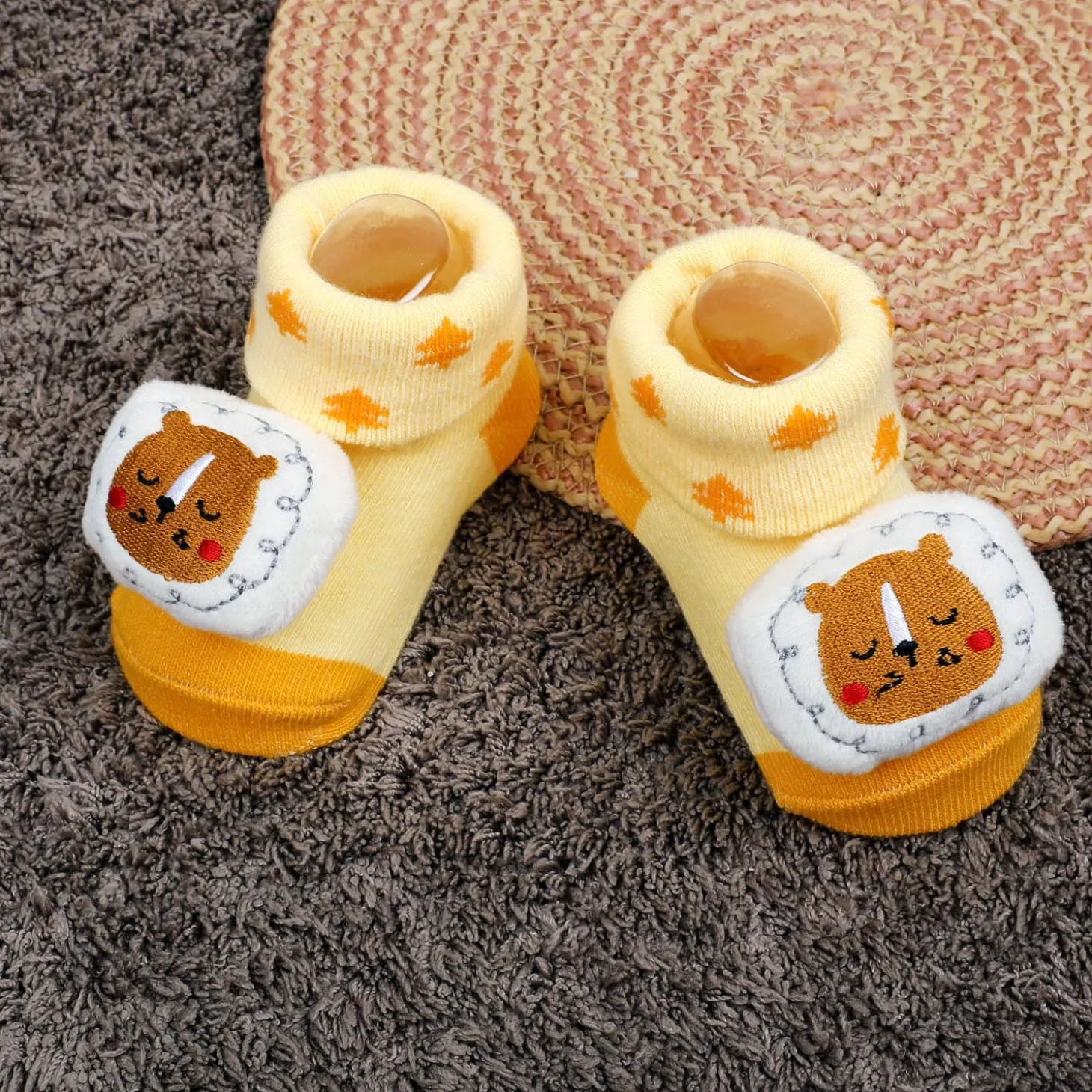 Baby Moo Sleeping Bear Cotton Anti-Skid 3D Socks - Yellow
