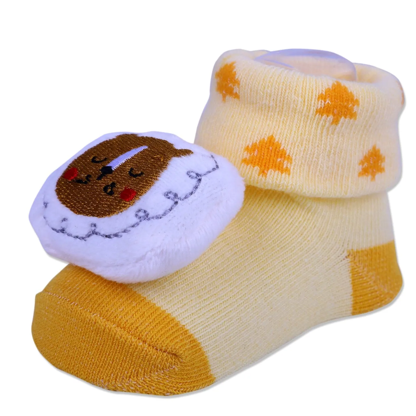 Baby Moo Sleeping Bear Cotton Anti-Skid 3D Socks - Yellow