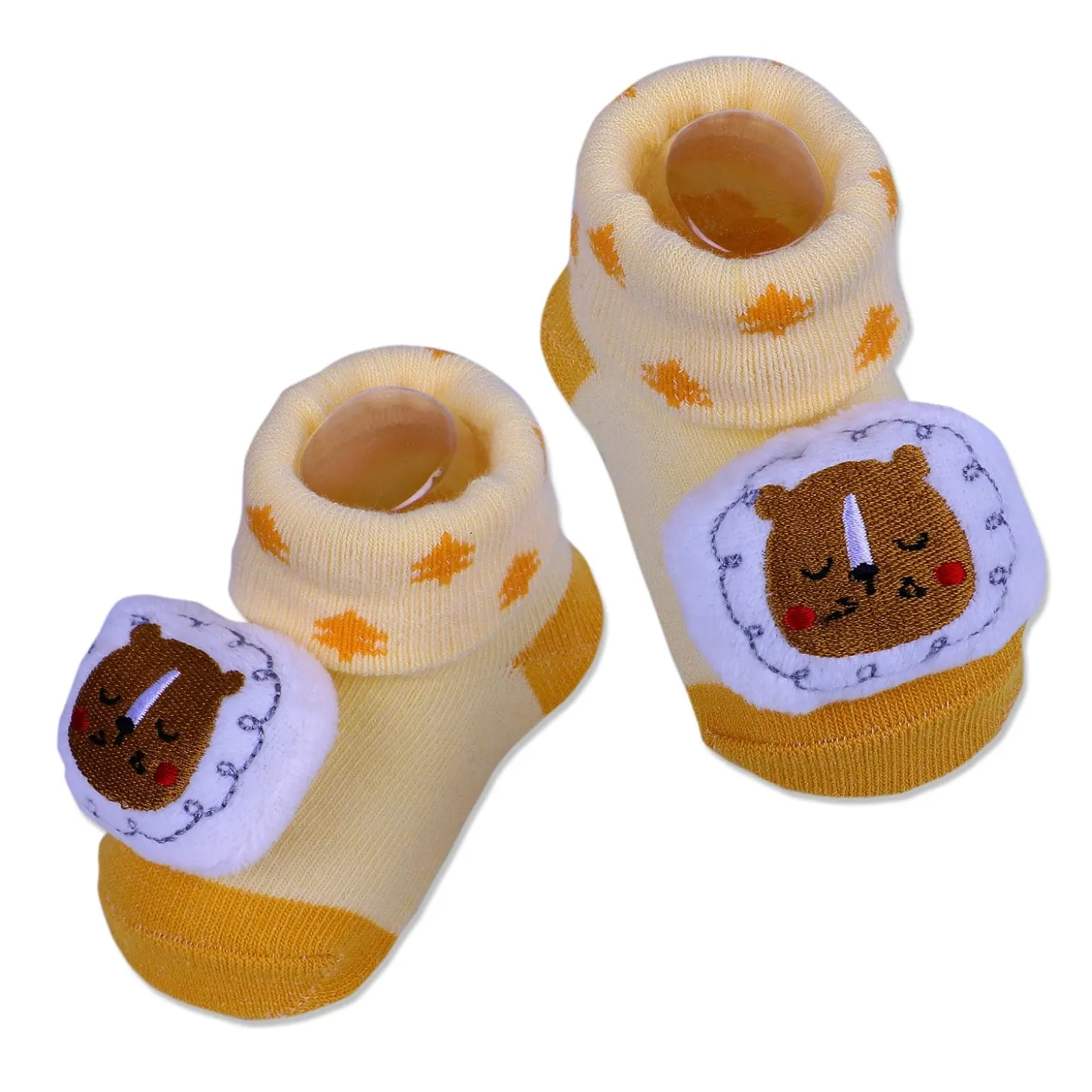 Baby Moo Sleeping Bear Cotton Anti-Skid 3D Socks - Yellow