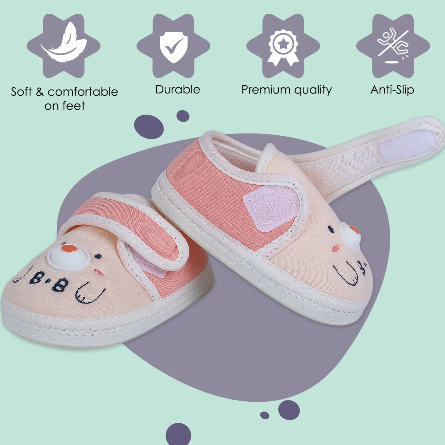 Baby Moo Smiling Bear Soft Sole Anti-Slip Booties - Peach