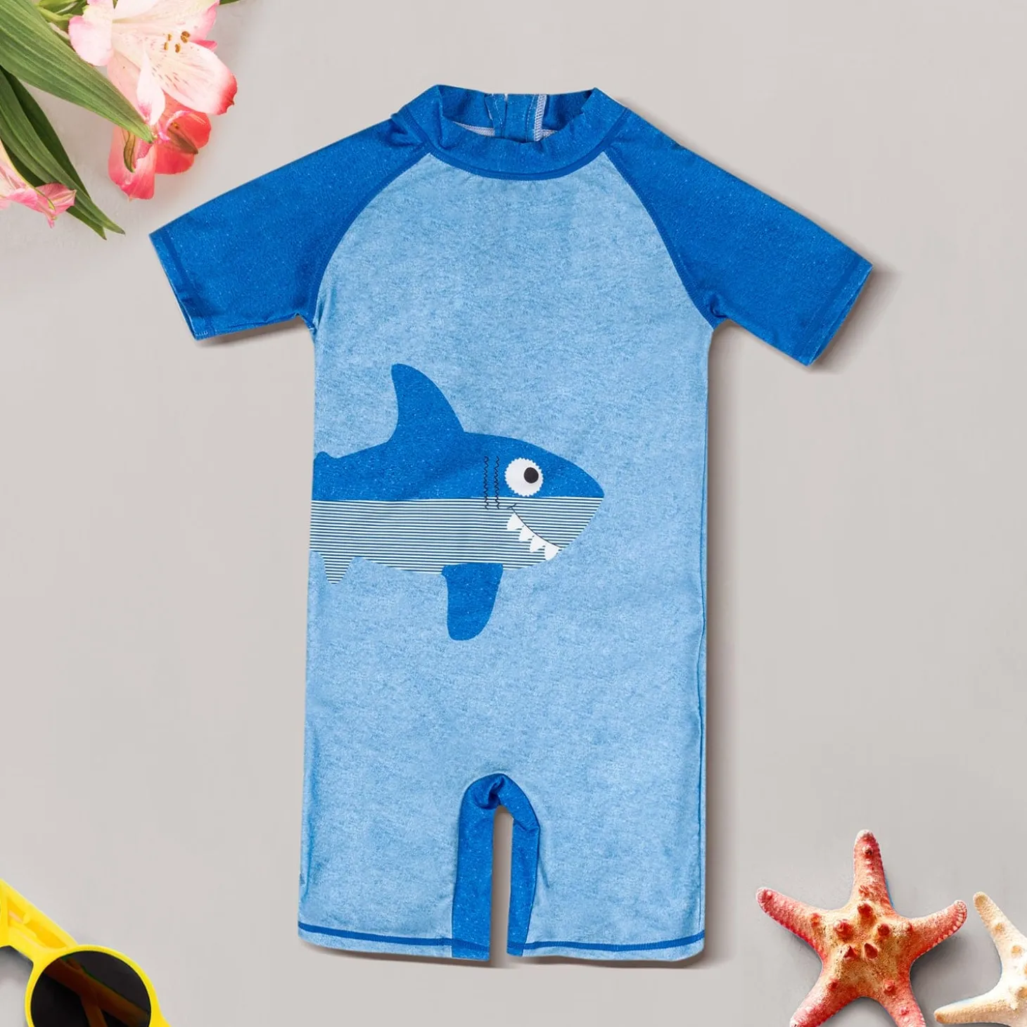 Baby Moo Smiling Shark Beach Bodysuit One-Piece Swimsuit Pool Swimming Costume - Blue