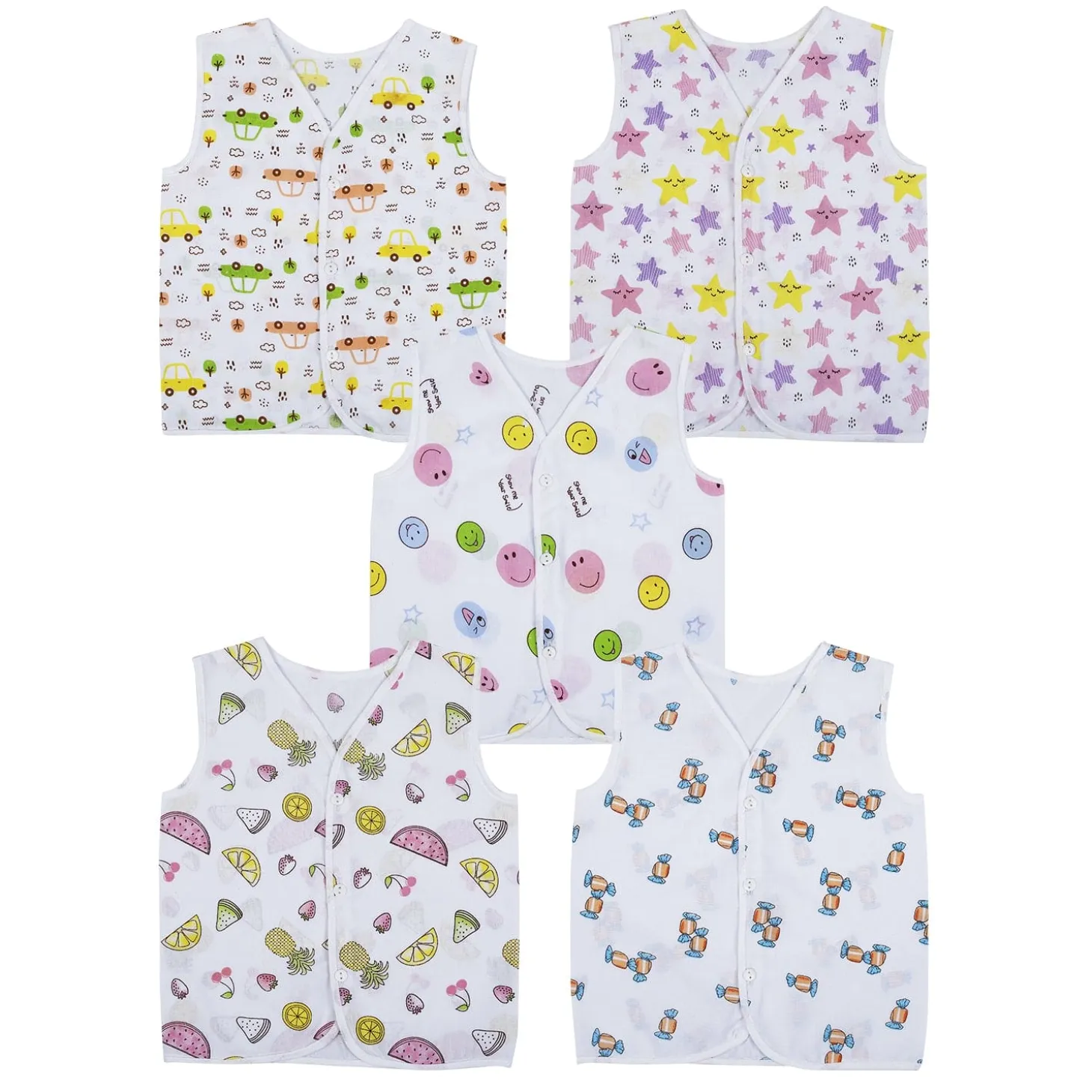 Baby Moo Smiling Stars Printed V-Neck Sleeveless Front Opening Button Cotton Jhablas 5 Pcs - Yellow, Multicolour