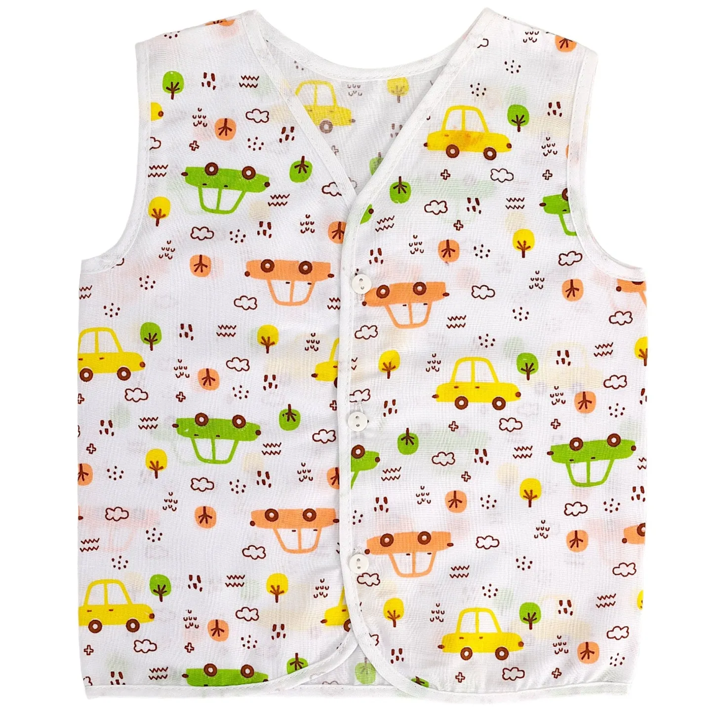 Baby Moo Smiling Stars Printed V-Neck Sleeveless Front Opening Button Cotton Jhablas 5 Pcs - Yellow, Multicolour