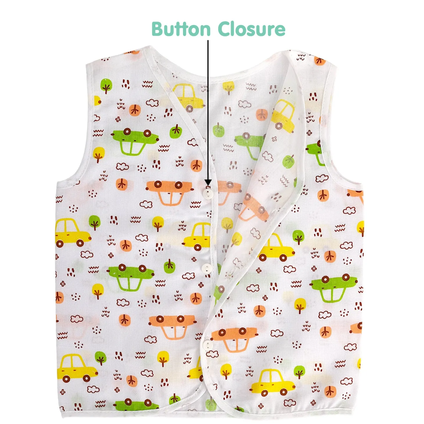Baby Moo Smiling Stars Printed V-Neck Sleeveless Front Opening Button Cotton Jhablas 5 Pcs - Yellow, Multicolour