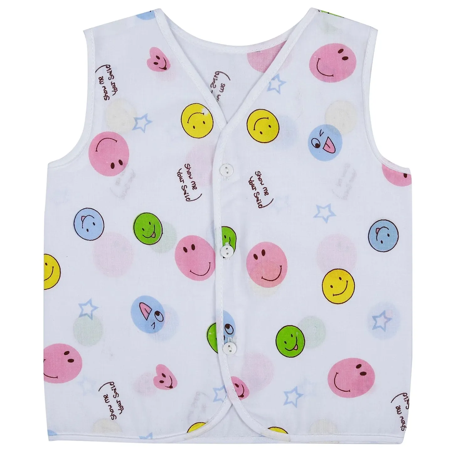 Baby Moo Smiling Stars Printed V-Neck Sleeveless Front Opening Button Cotton Jhablas 5 Pcs - Yellow, Multicolour