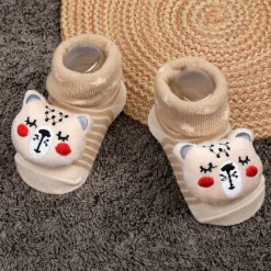 Baby Moo Snoozing Bear Cotton Anti-Skid 3D Socks - Beige