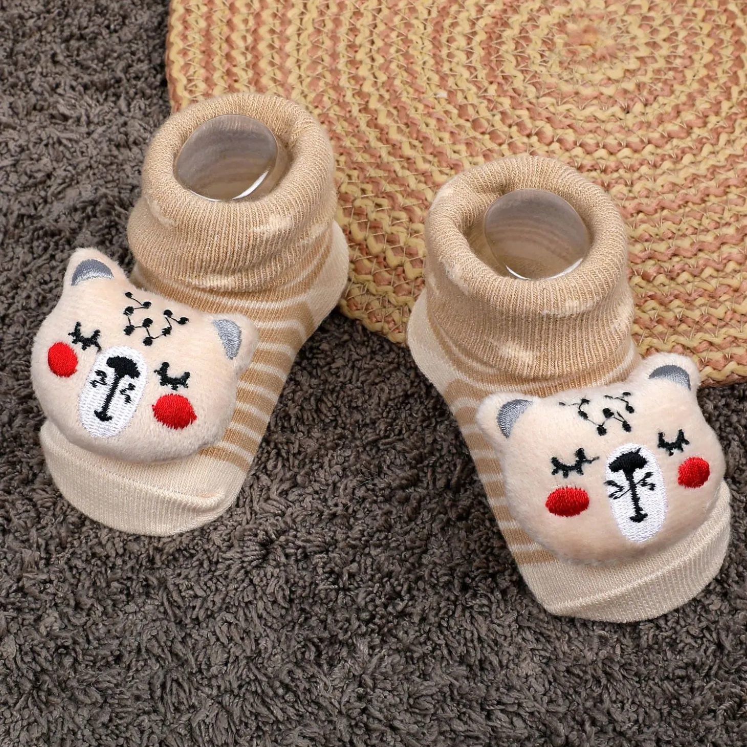 Baby Moo Snoozing Bear Cotton Anti-Skid 3D Socks - Beige
