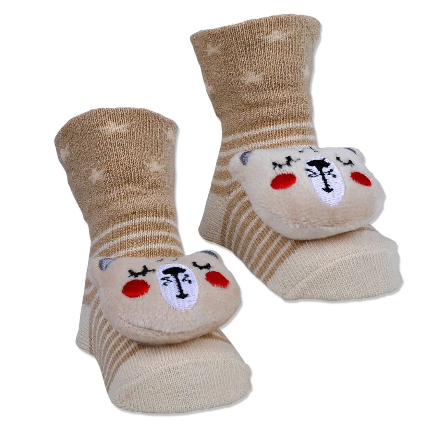 Baby Moo Snoozing Bear Cotton Anti-Skid 3D Socks - Beige