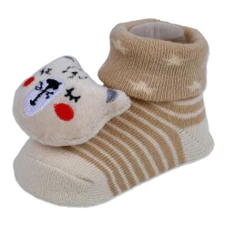 Baby Moo Snoozing Bear Cotton Anti-Skid 3D Socks - Beige