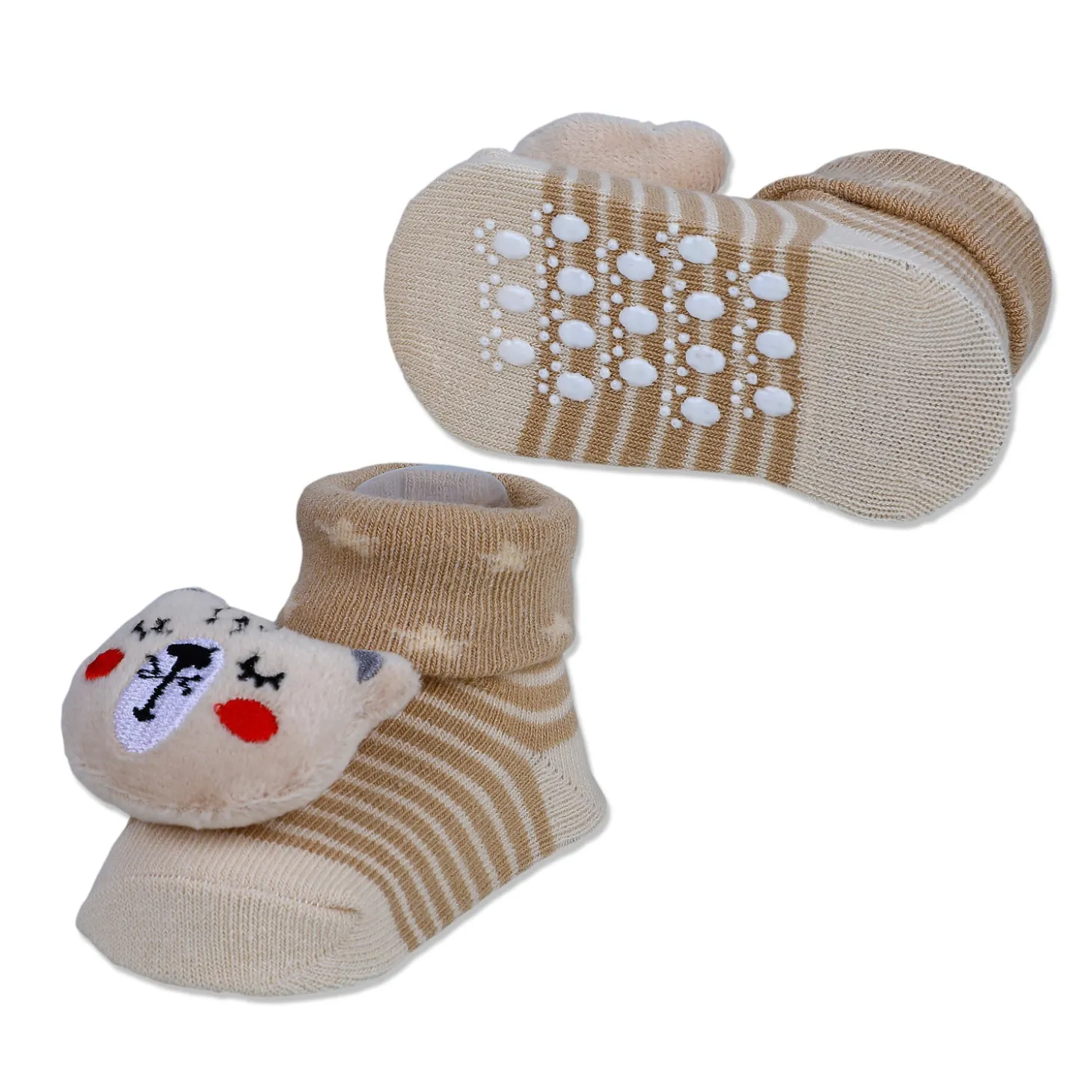 Baby Moo Snoozing Bear Cotton Anti-Skid 3D Socks - Beige