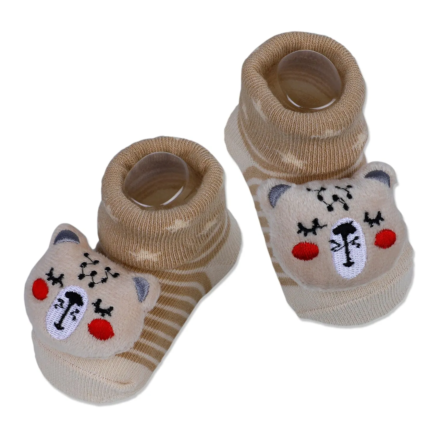 Baby Moo Snoozing Bear Cotton Anti-Skid 3D Socks - Beige