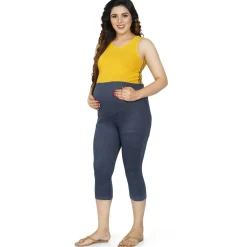 Baby Moo Soft And Comfy Mid-Calf Length Maternity Pant Solid - Denim Blue