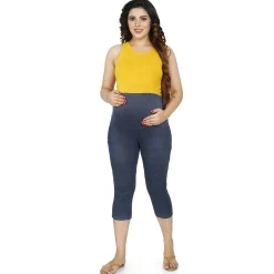 Baby Moo Soft And Comfy Mid-Calf Length Maternity Pant Solid - Denim Blue