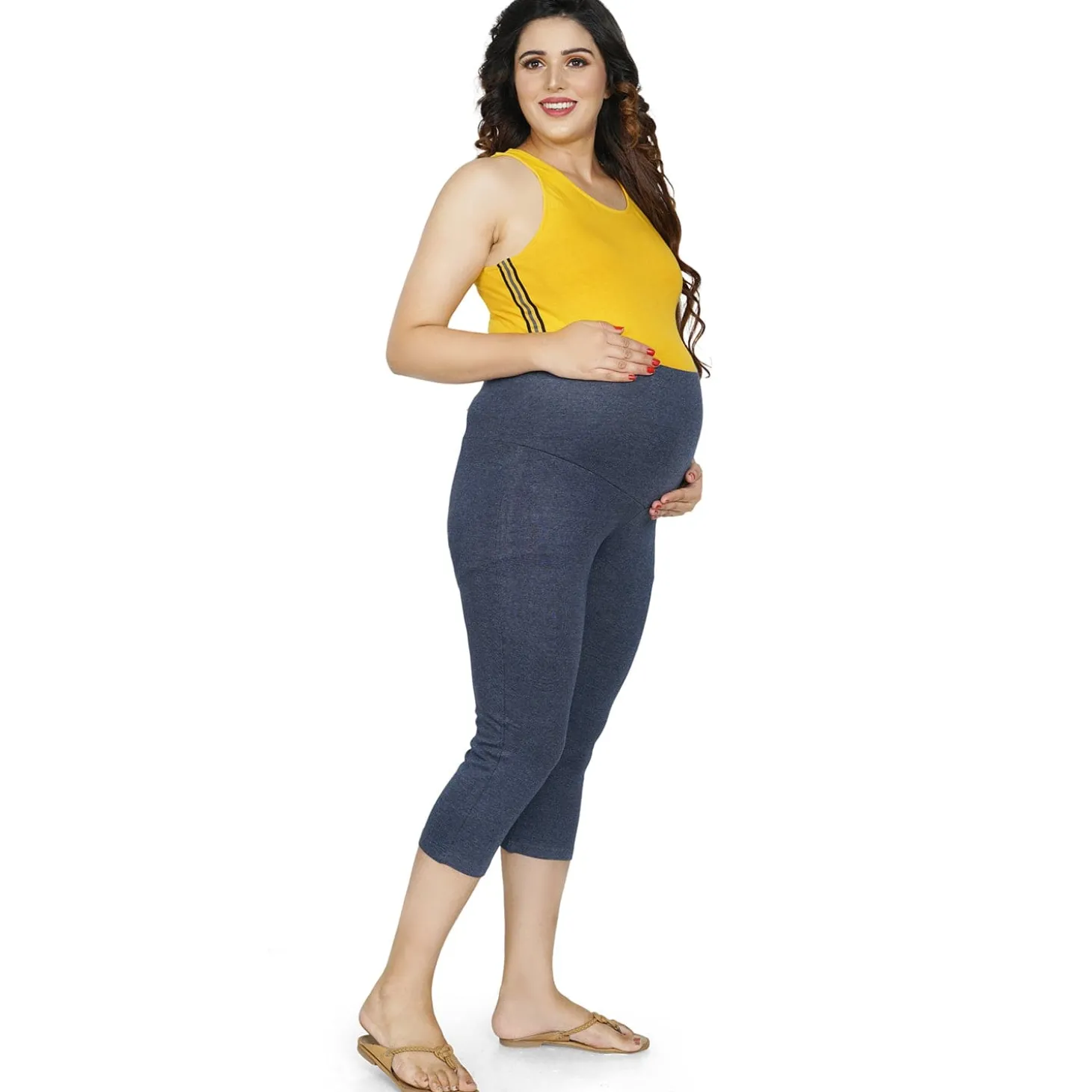 Baby Moo Soft And Comfy Mid-Calf Length Maternity Pant Solid - Denim Blue