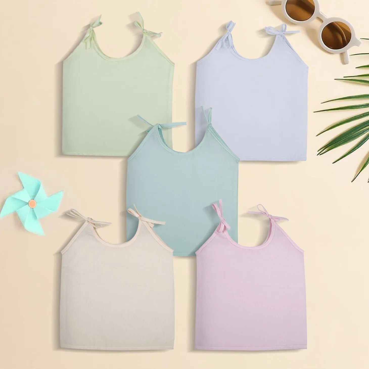 Baby Moo Solid Round Neck Sleeveless Tie Knot Cotton Jhablas 5 Pcs - Pink, Multicolour