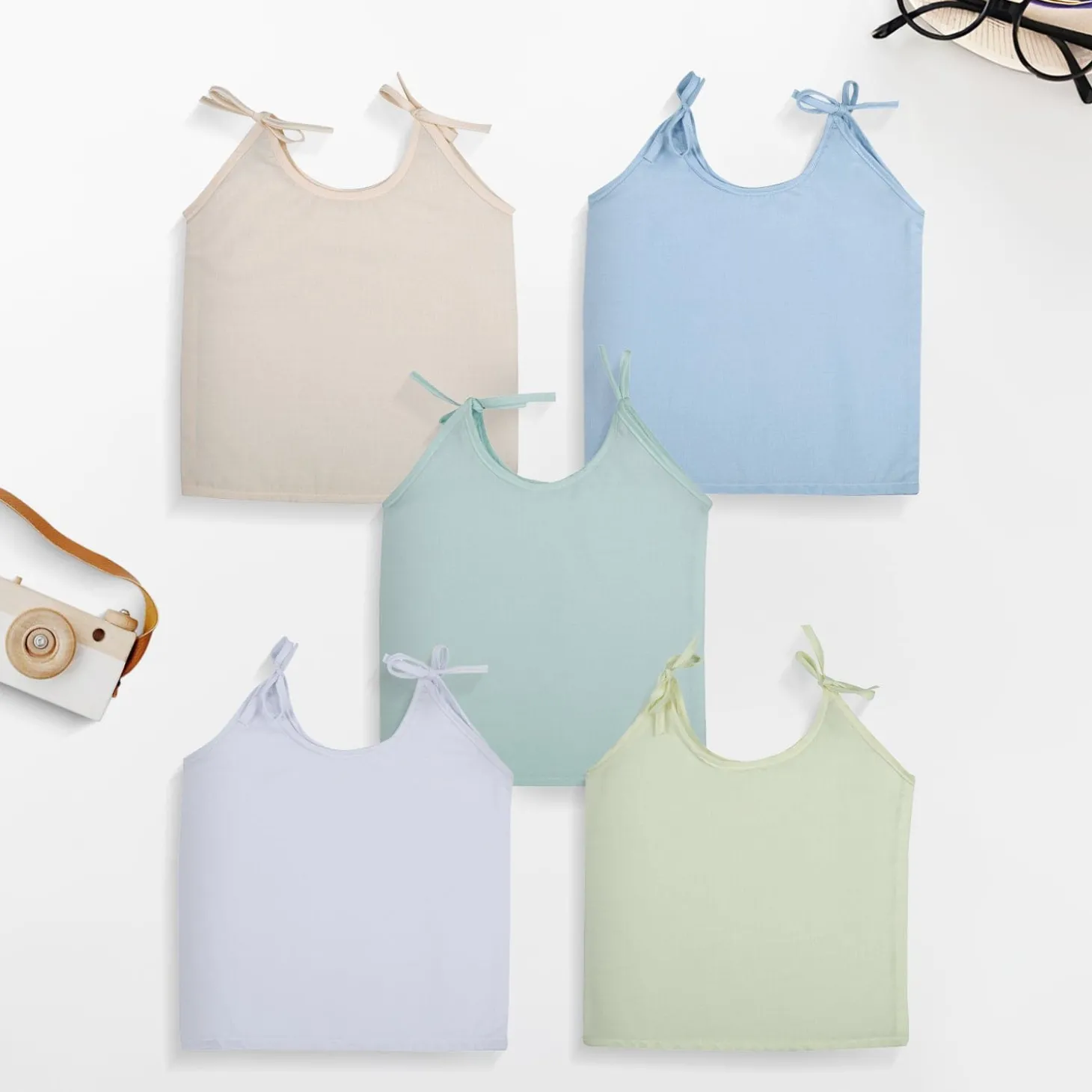 Baby Moo Solid Round Neck Sleeveless Tie Knot Cotton Jhablas 5 Pcs - Blue, Multicolour