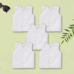 Baby Moo Solid V-Neck Sleeveless Front Opening Button Cotton Jhablas 5 Pcs - White