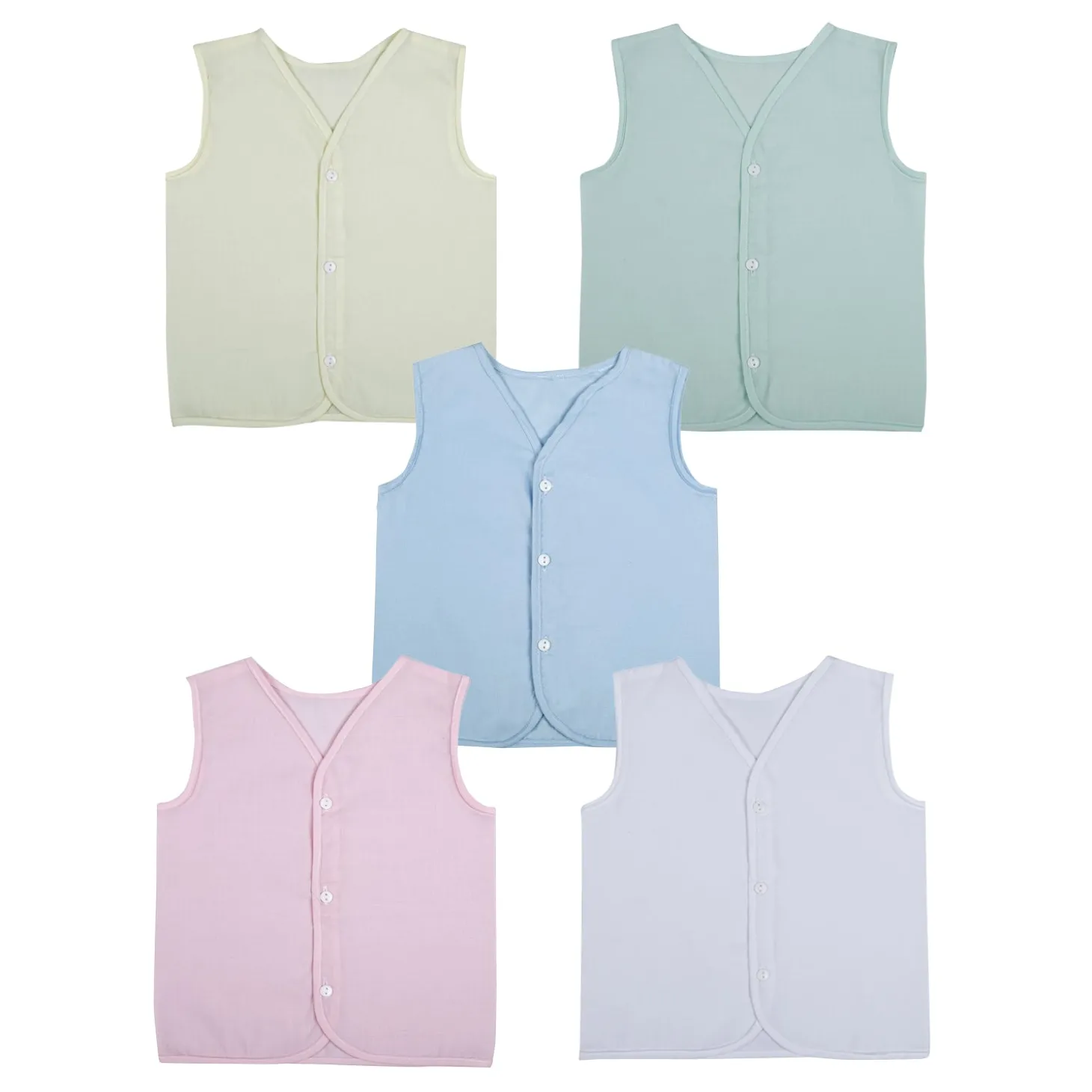Baby Moo Solid V-Neck Sleeveless Front Opening Button Cotton Jhablas 5 Pcs - Blue, Multicolour